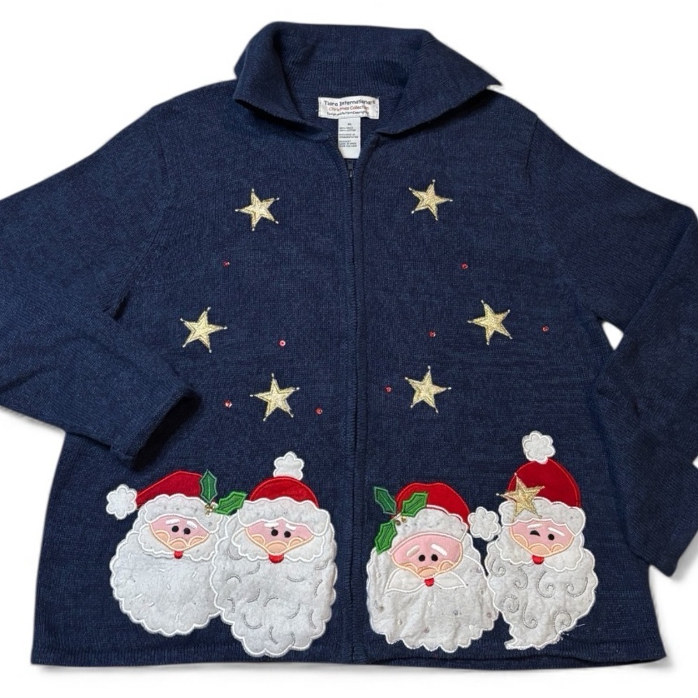 Tiara International Santa Christmas Zip Sweater Navy Blue Stars XL Vintage